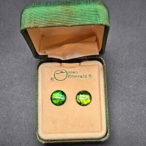 Ocean Emerald Brand Paua Shell Stud Earrings Vintage Costume Jewelry